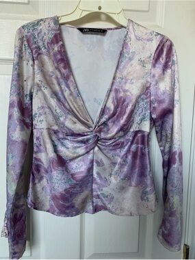 Zara Purple Marble-Print Twist Knot Long Sleeve Top
